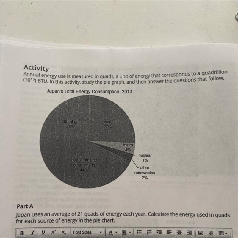 Part A Japan uses an average of 21 quads of energy each year. Calculate the energy-example-1