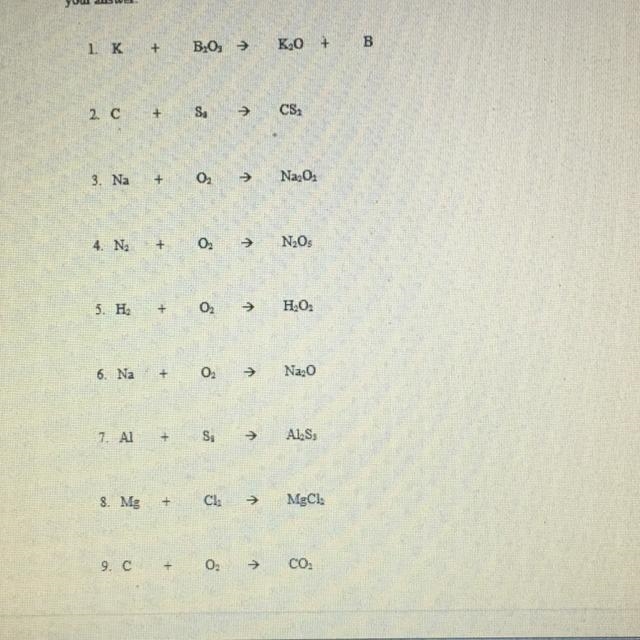 Pls help I need the answers ASAP Balance the following equations. A few of the equations-example-1