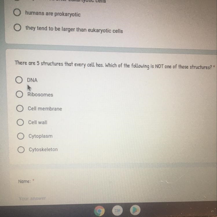 There are 5 structures that every cell has which of the following is not one of those-example-1