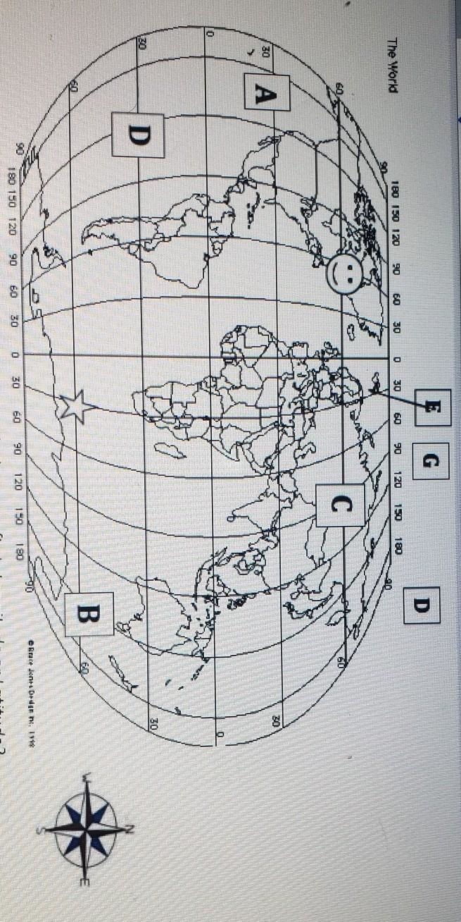 2) Which letter is located at 30° South, 120° West? 3) Which letter is located at-example-1