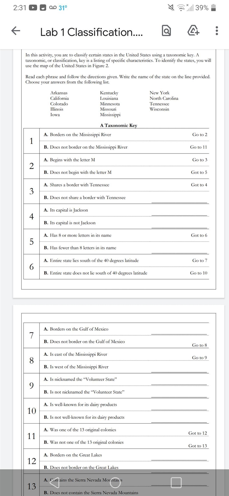 Does anyone have the classification lab worksheet. I need help with it-example-1