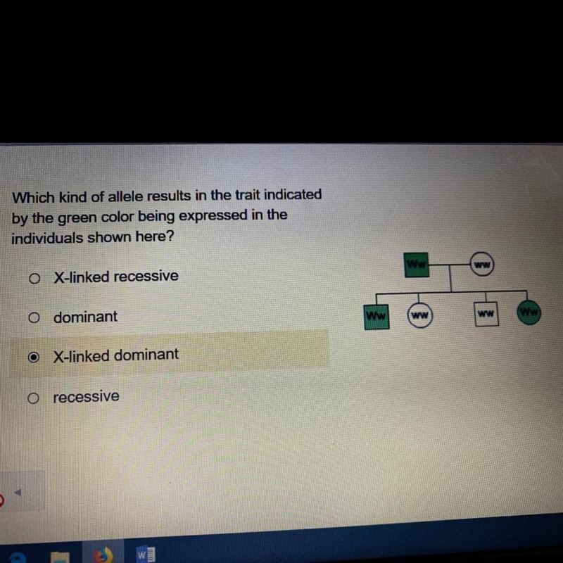 Which kind of a allele results in the trait indicated by the green color being expressed-example-1