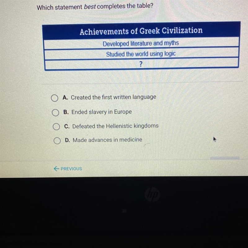 Which statement best completes the table? Achievements of Greek Civilization Developed-example-1