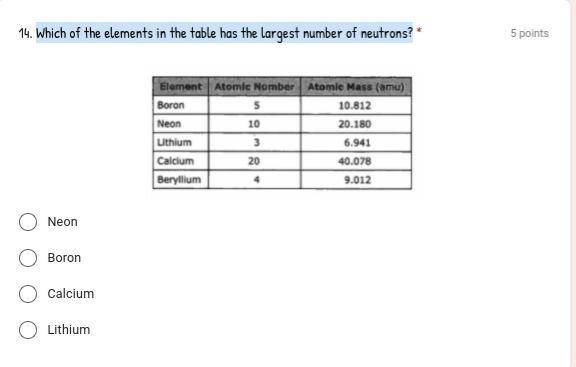 Which of the elements in the table has the largest number of neutrons?-example-1