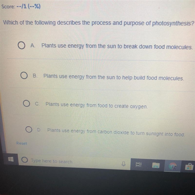 Which of the following describes the process and purpose of photosynthesis-example-1