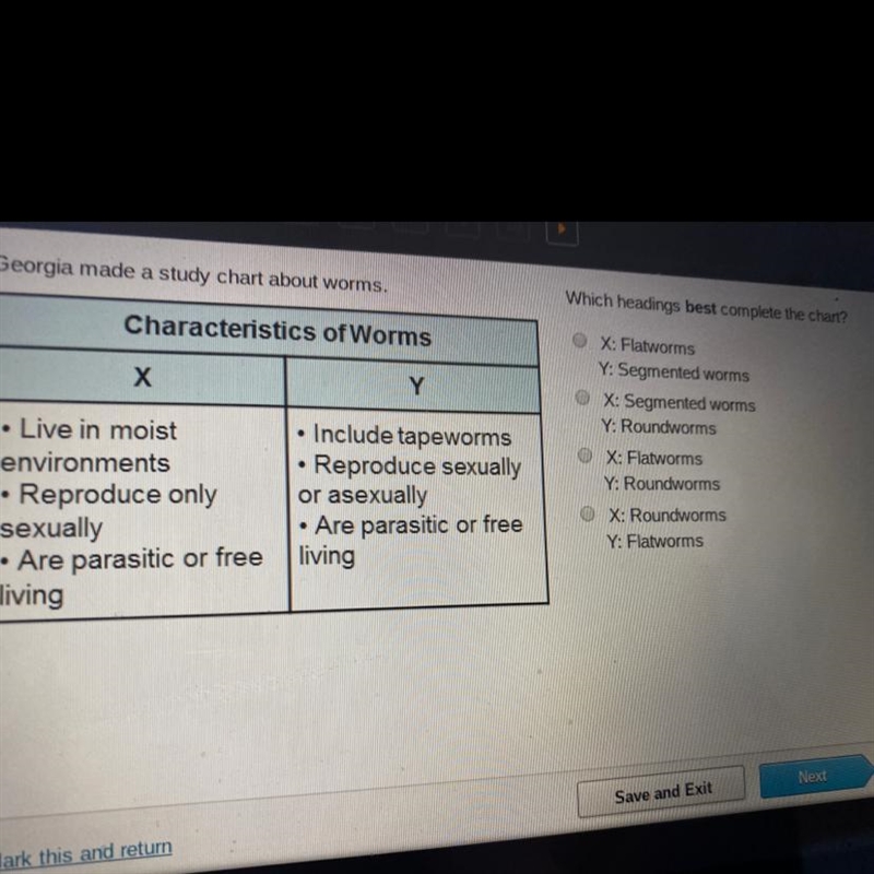Which headings best complete the chart? OX: Flatworms Y: Segmented worms X: Segmented-example-1