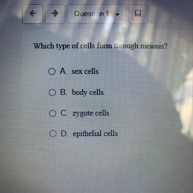 Which type of cells form through meiosis A.sex cells B.body cells C.zygote cells D-example-1