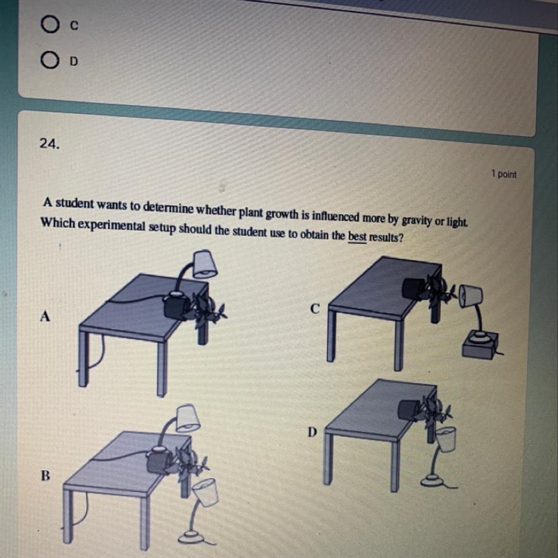 a student wants to determine whether plant growth is influenced more by gravity or-example-1