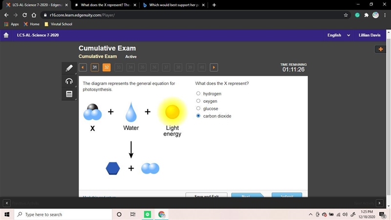 The diagram represents the general equation for photosynthesis. What does the X represent-example-1