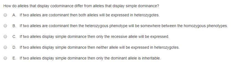 How do alleles that display codominance differ from alleles that display simple dominance-example-1