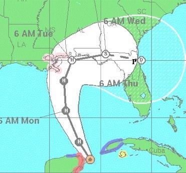 The image shows the cone forecast map of a hurricane. Location P is marked in the-example-1