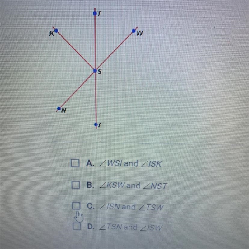 Which pairs of angles in the figure below are vertical angles?-example-1