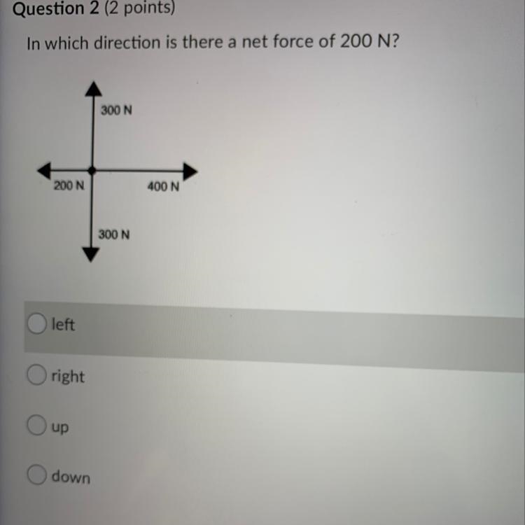 Question 2 (2 points) In which direction is there a net force of 200 N? 300 N 200 N-example-1