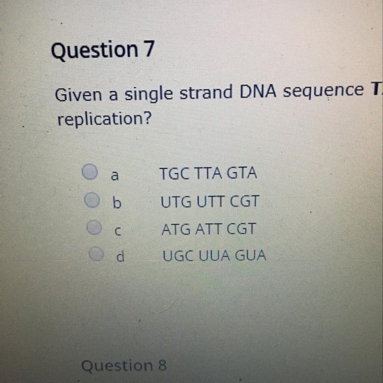 Given a single strand DNA sequence TAC TAA GCA, what would be the sequence of the-example-1