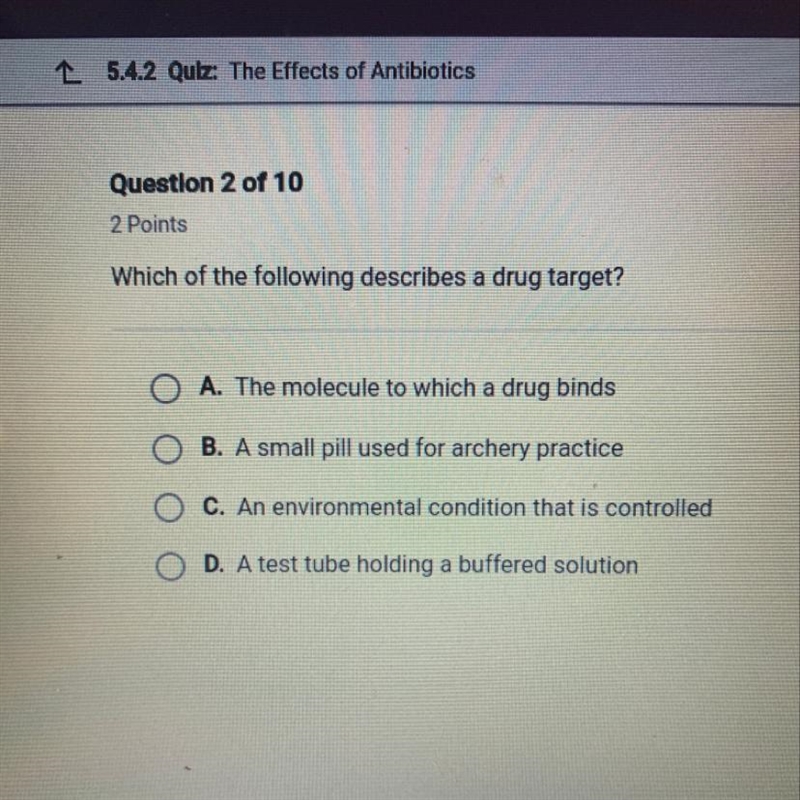 Which of the following describes a drug target?-example-1