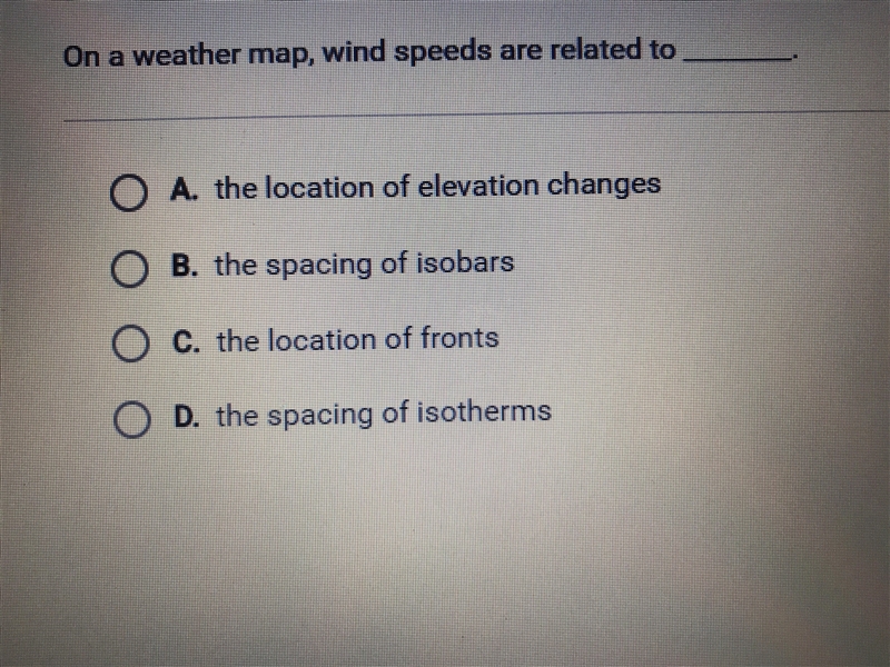 On a weather map, wind speeds are related to _____.-example-1