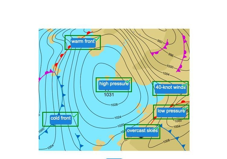 Match the labels with the symbols on the weather map. cold front warm front low pressure-example-1