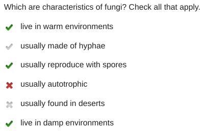 Which are characteristics of fungi? Check all that apply. live in warm environments-example-1