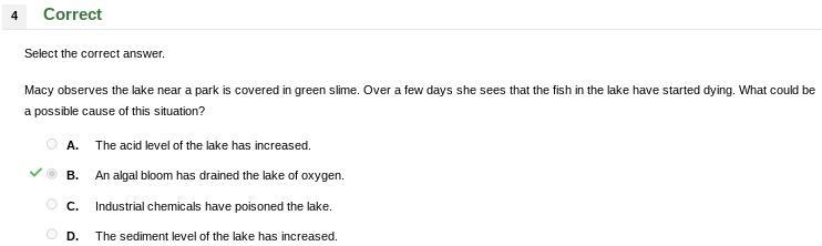 Macy observes the lake near a park is covered in green slime. Over a few days she-example-1