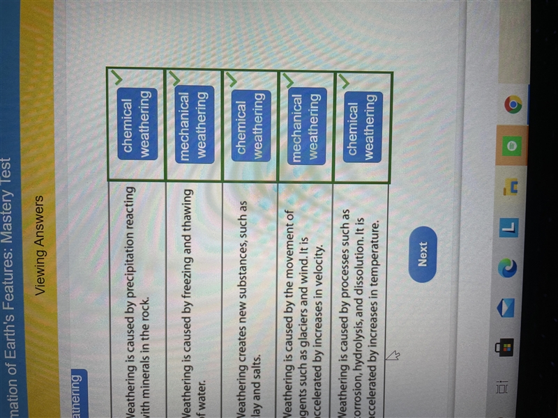 Match each statement with the type of weathering it describes. chemical weathering-example-1