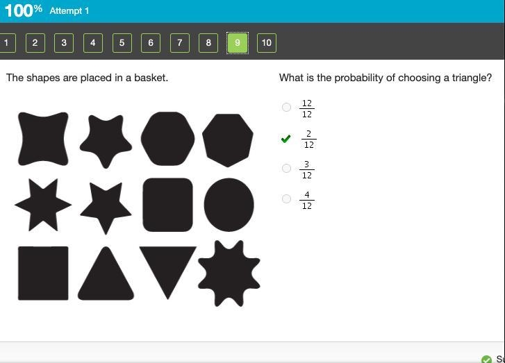 The shapes are based in a basket what is the probability of choosing a triangle A-example-1