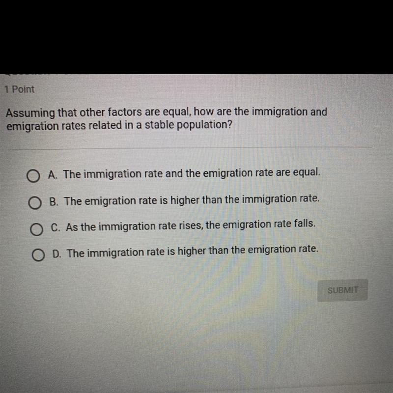 Assuming that other factors are equal, how are the immigration and emigration rates-example-1