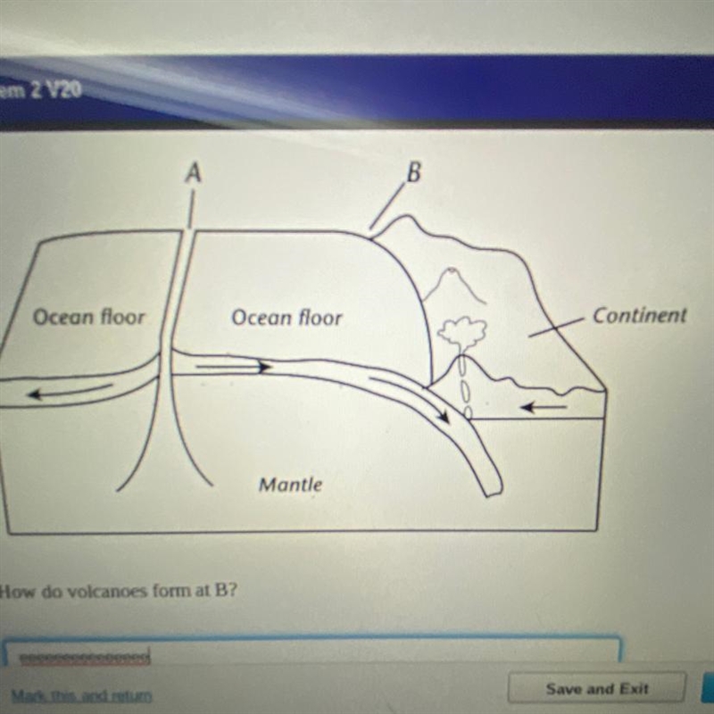 How do volcanoes form at B?-example-1