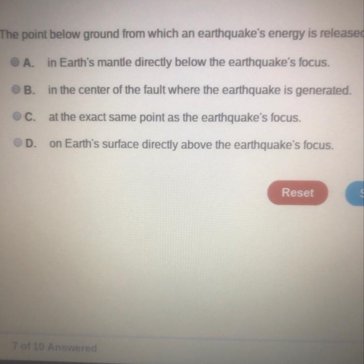 The point below ground from which an earthquake’s energy is released is called the-example-1