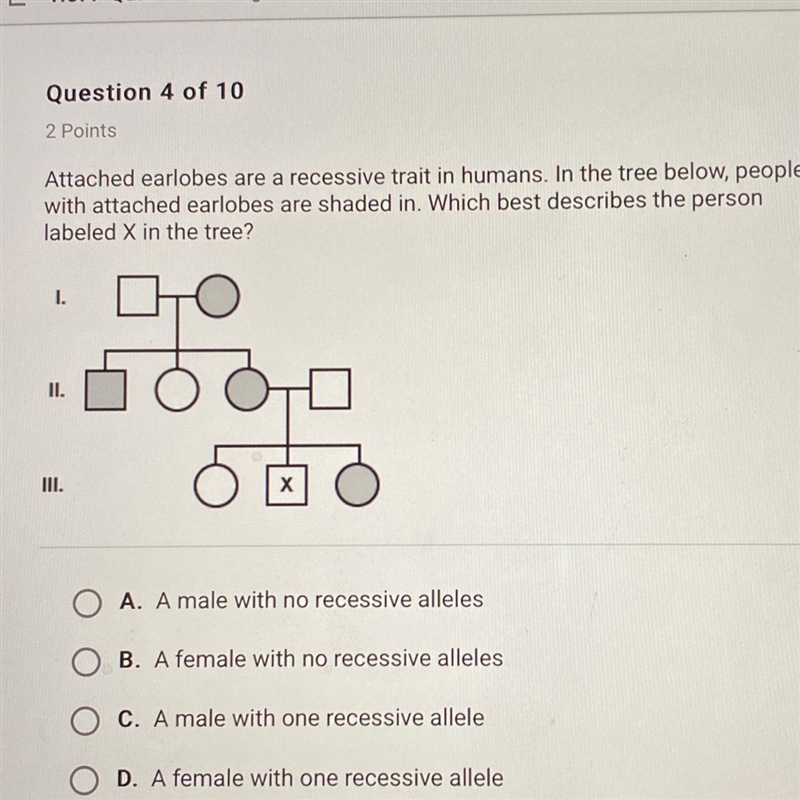 Attached earlobes are a recessive trait in humans. In the tree below, people with-example-1