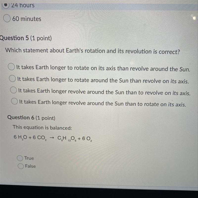 Which statement about Earth's rotation and its revolution is correct? O It takes Earth-example-1