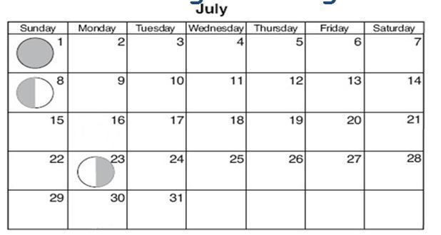 What moon phase would you see on July 16th? A.New Moon B.First Quarter C.Full Moon-example-1