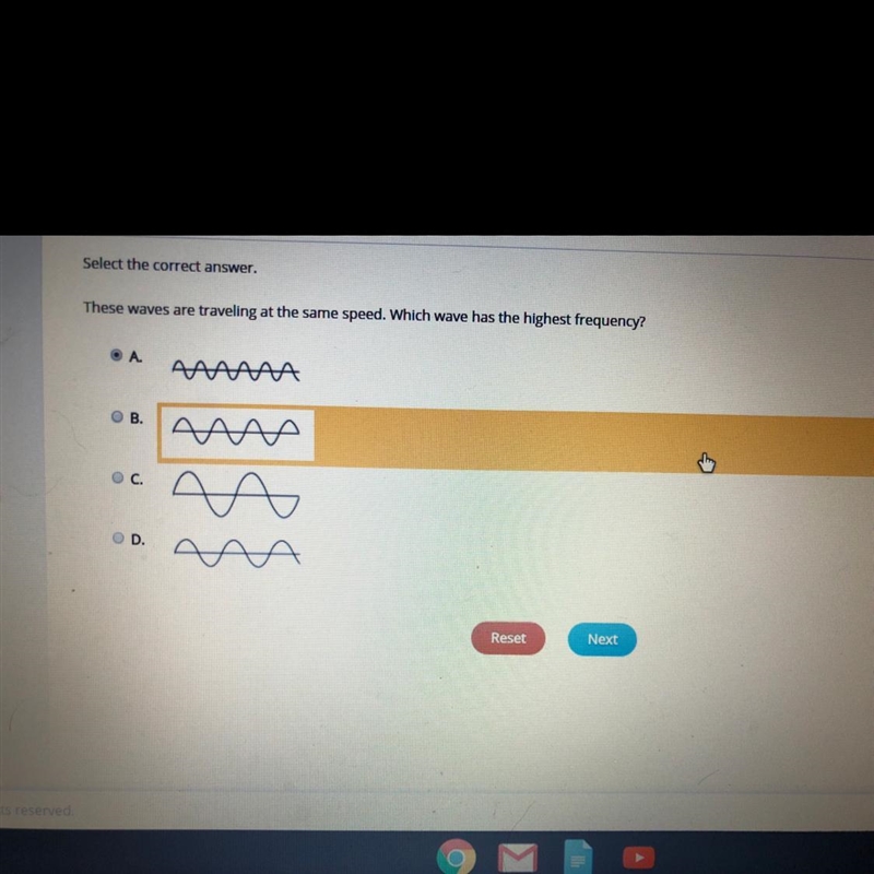 These waves are traveling at the same speed. Which wave has the highest frequency-example-1