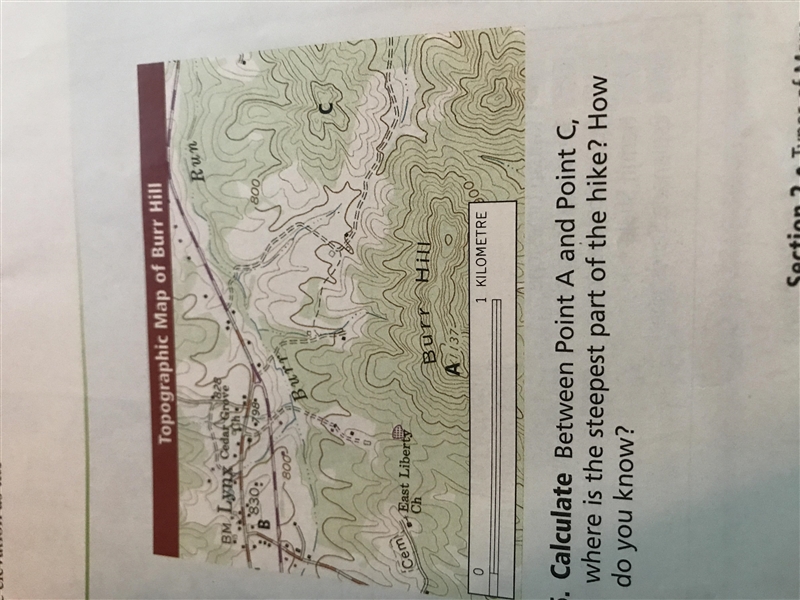 Between Point A and Point C, where is the steepest part of the hike? How do you know-example-1