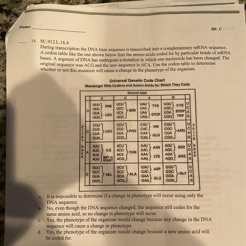 Use the codon table to determine whether or not this mutation will cause a change-example-1