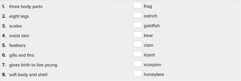 Match each characteristic with the correct animal-example-1