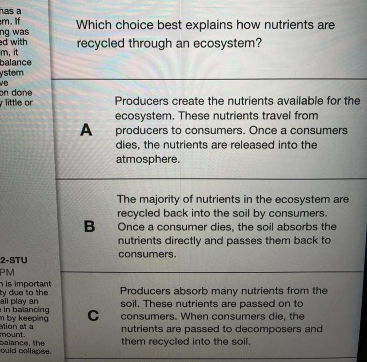 What choice best explains how nutrients are recycled through an ecosystem? (click-example-1