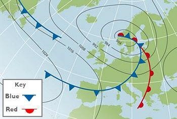 Use the weather map to answer the question. What does the red line indicate? A cold-example-1