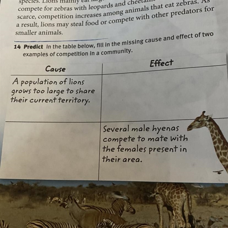 In the table below fill in the missing cause and effect of two examples of competition-example-1