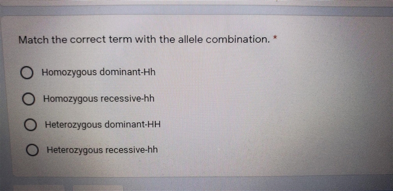 Match the correct term with the allele combination-example-1