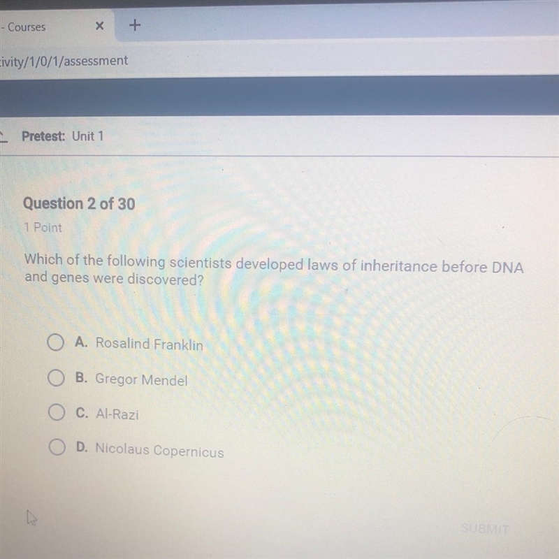 Which of the following scientists developed laws of inheritance before DNA and genes-example-1