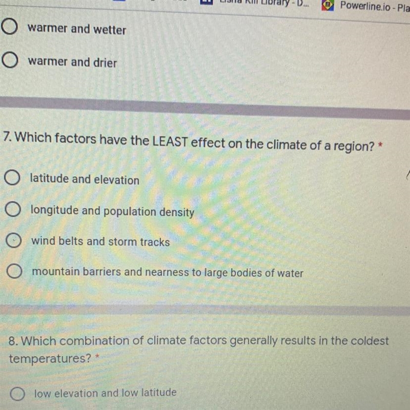 Which factors have the LEAST effect on the climate of the region?-example-1