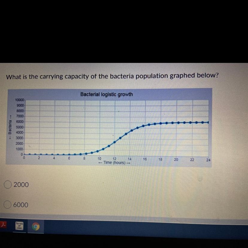 What is the carrying capacity of the bacteria population graphed below? 2000 6000 8000-example-1