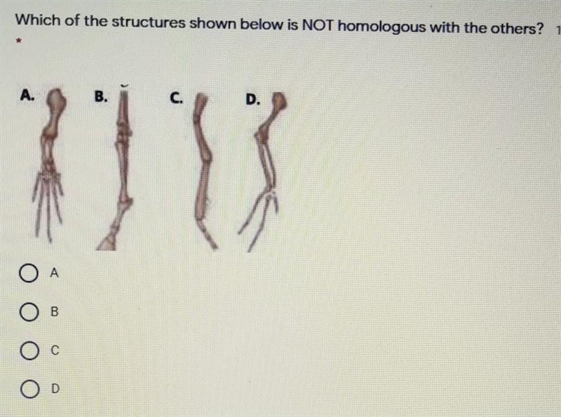 Which of the structures shown below is NOT homologous with the others?​-example-1