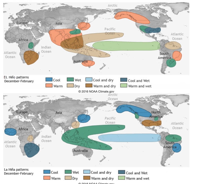 Choose one region on the world map. How does the climate their differ during El Niño-example-1