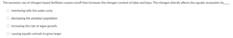 The excessive use of nitrogen-based fertilizers causes runoff that increases the nitrogen-example-1