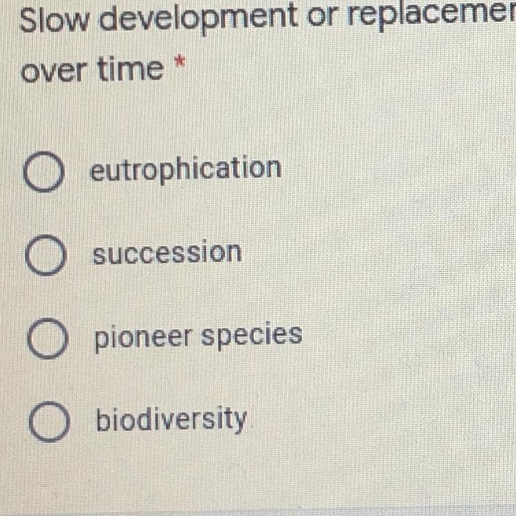 Slow development or replacement of an ecological community by another over time-example-1