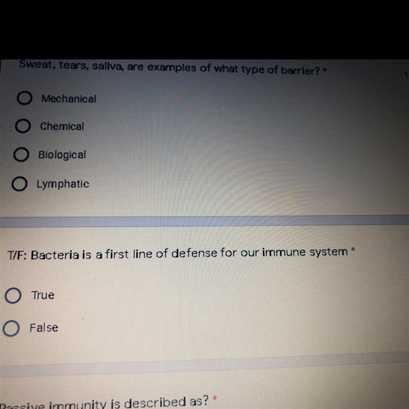 Bacteria is a first line of defense for our immune system. true or false a. true b-example-1