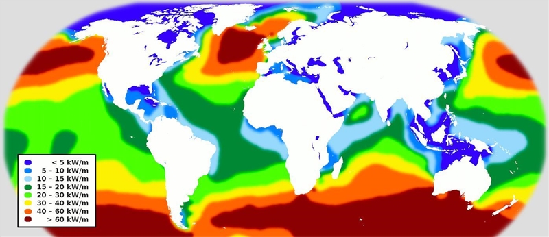 This is a world map showing wave energy flux in kW per meter wave front. According-example-1