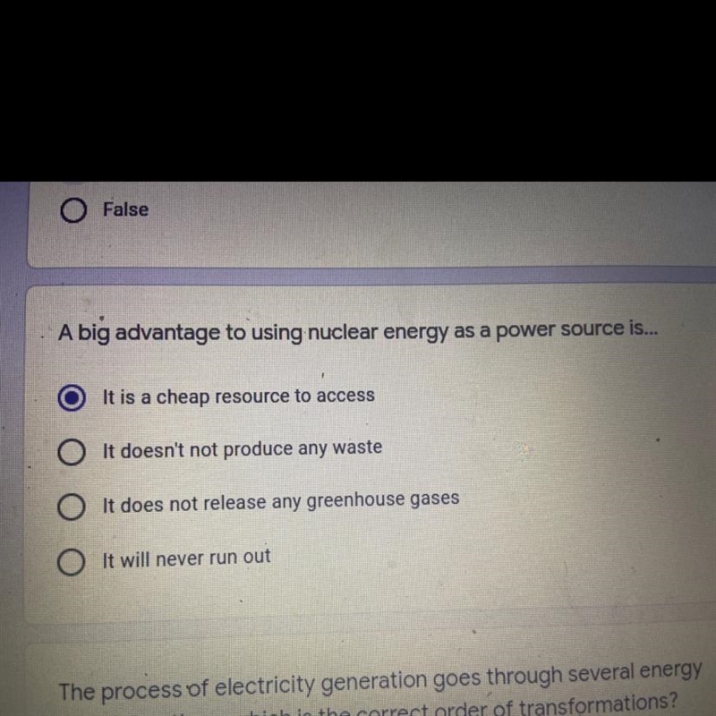 Nuclear energetic is considered a RENEWABLE energy source True or false?-example-1