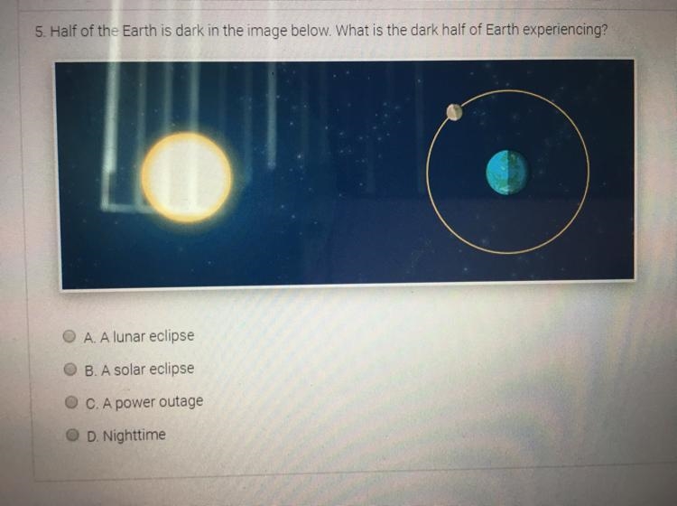 5. Half of the Earth is dark in the image below. What is the dark half of Earth experiencing-example-1